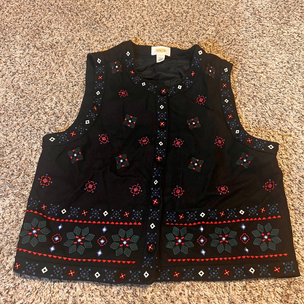Talbots Women's Black Embroidered Floral Medallion Button Front Vest Size L